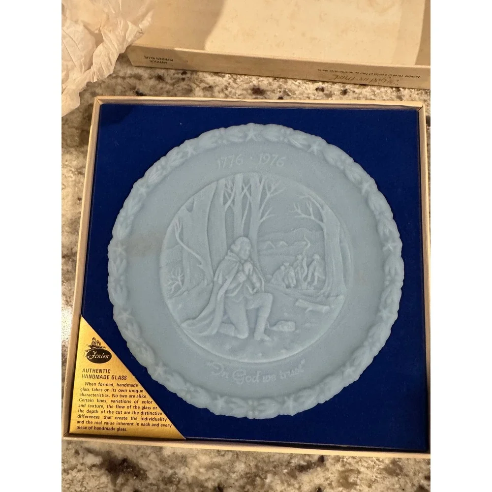 Fenton Bicentennial Plate George Washington Valley Forge Powder Blue Glass Boxed